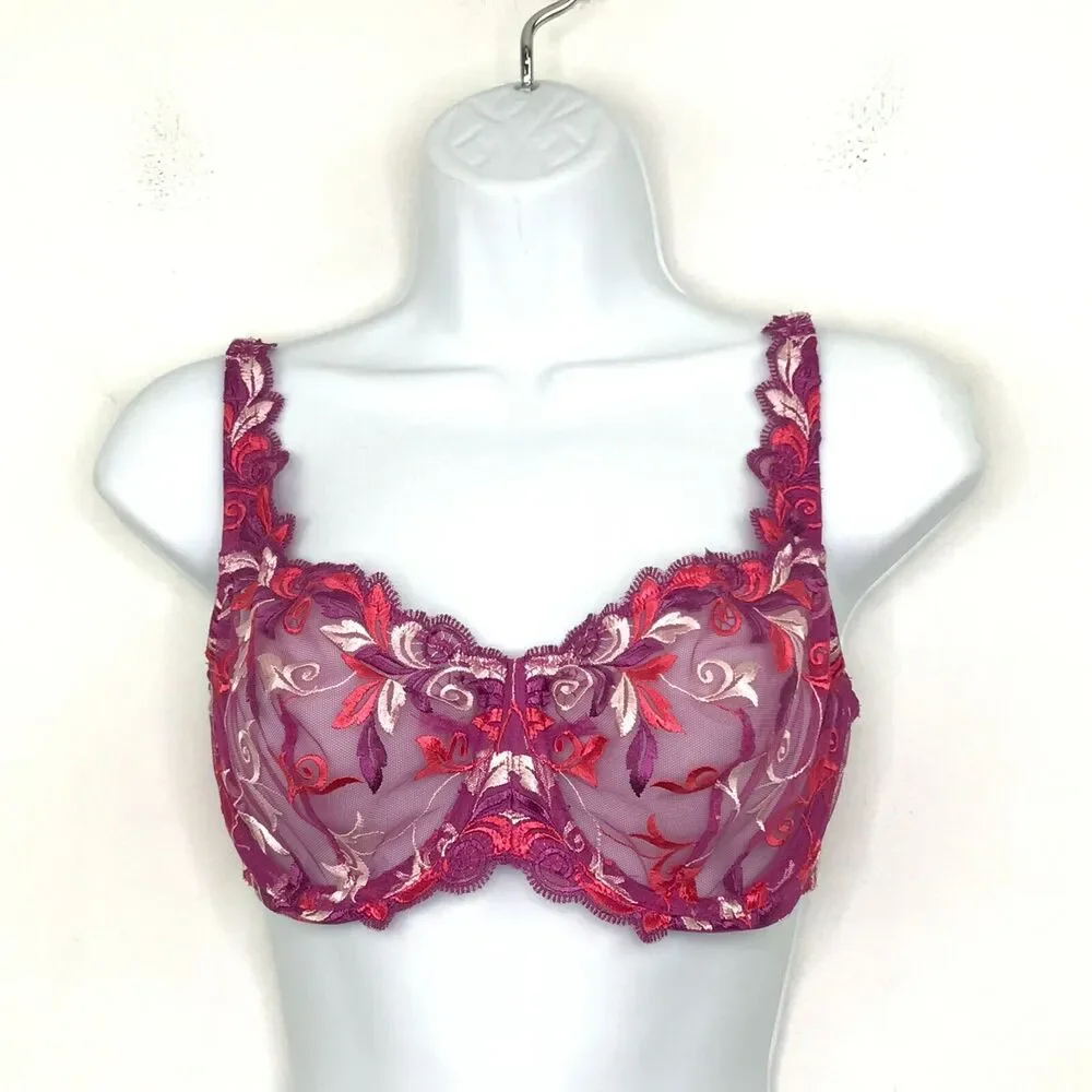 Soma 34D Bra Purple Sensuous Lace Unlined Scroll Embroidered Mesh Minimizer CG1